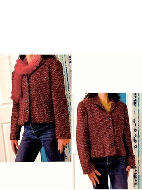 Vintage Tweed Short Jacket + Bonus Scarf / Orange & Brown dominant wool mix
